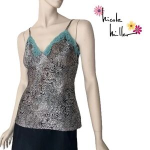 NICOLE Miller Satin Cami Camisole Sequins Lace Lacy Ruched Cups